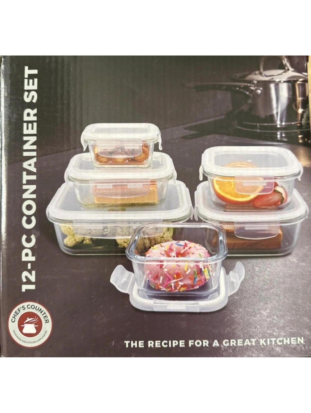 Chef's Counter 12 Piece Glass Container Set Microwave Oven Freezer Safe NEW